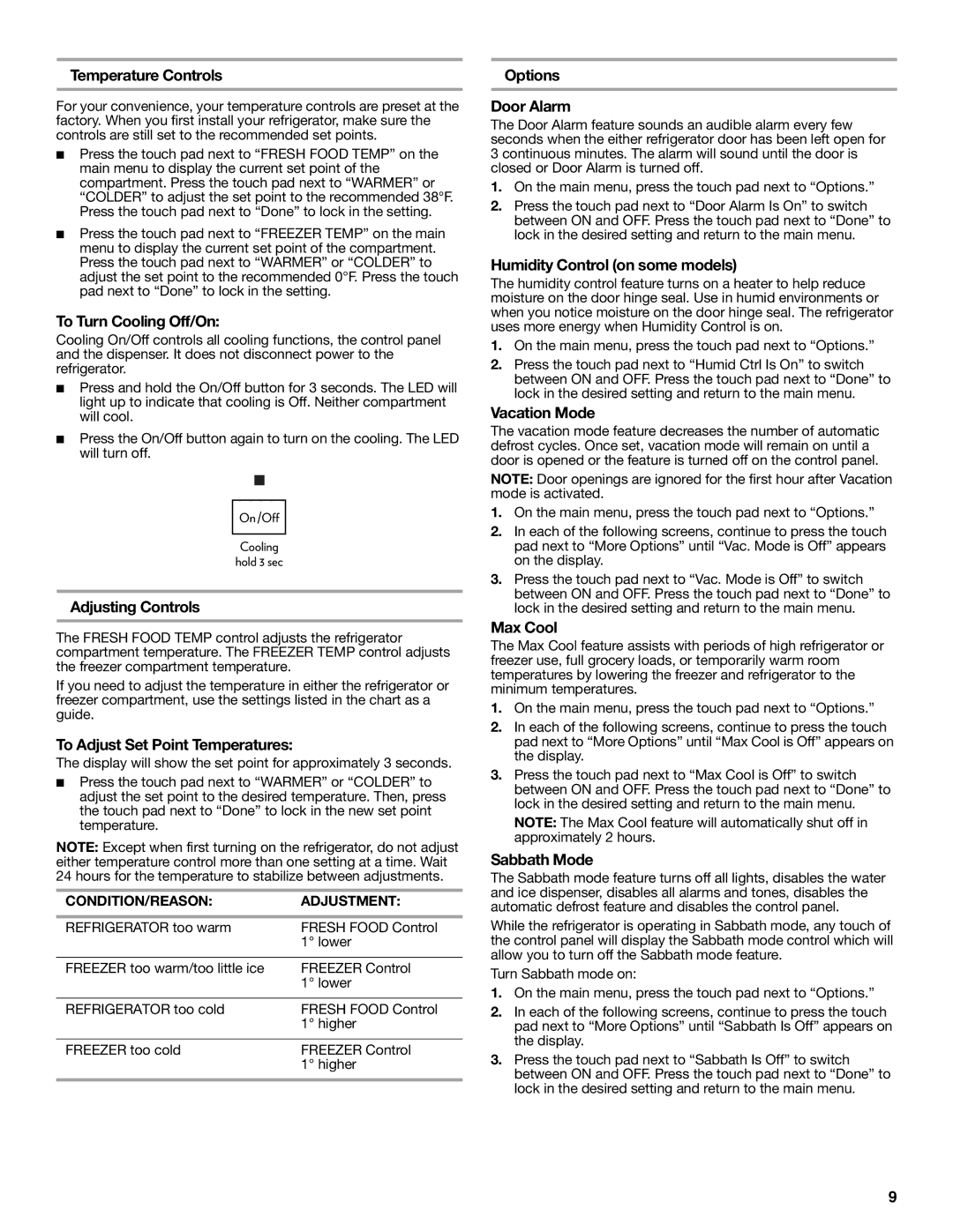 Jenn-Air W10329370A Temperature Controls, To Turn Cooling Off/On, Adjusting Controls, To Adjust Set Point Temperatures 