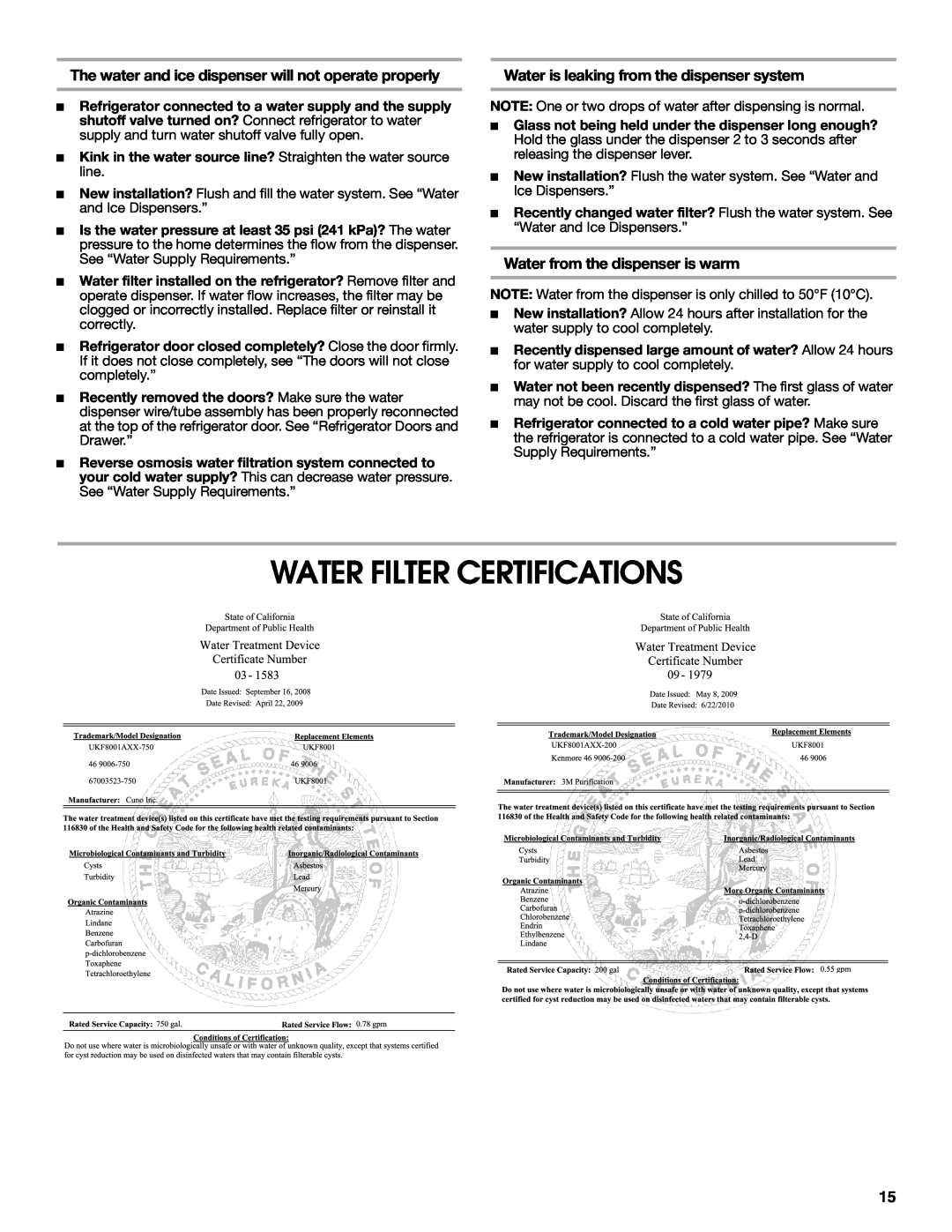Jenn-Air W10329370A installation instructions Water Filter Certifications, Water is leaking from the dispenser system 