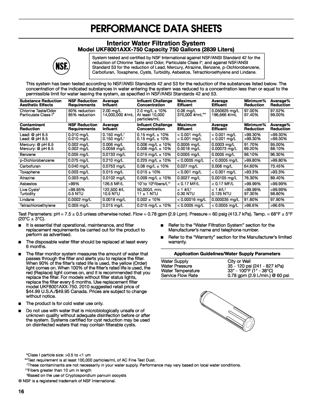 Jenn-Air W10329370A installation instructions Performance Data Sheets, Interior Water Filtration System 