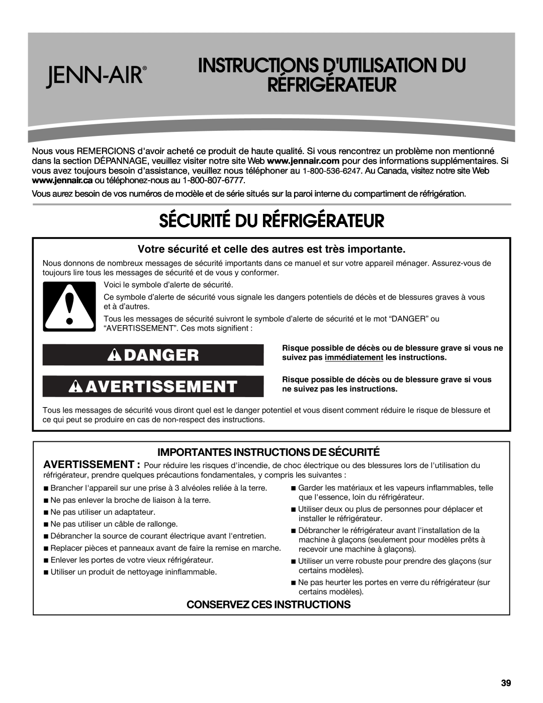 Jenn-Air W10329370A Instructions Dutilisation Du Réfrigérateur, Sécurité Du Réfrigérateur, Danger Avertissement 