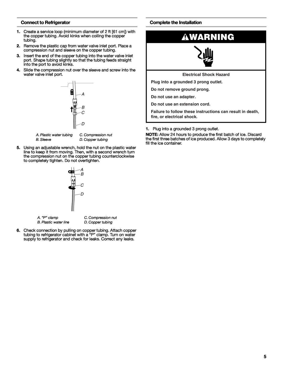 Jenn-Air W10329370A Connect to Refrigerator, Complete the Installation, A B C D, Electrical Shock Hazard 