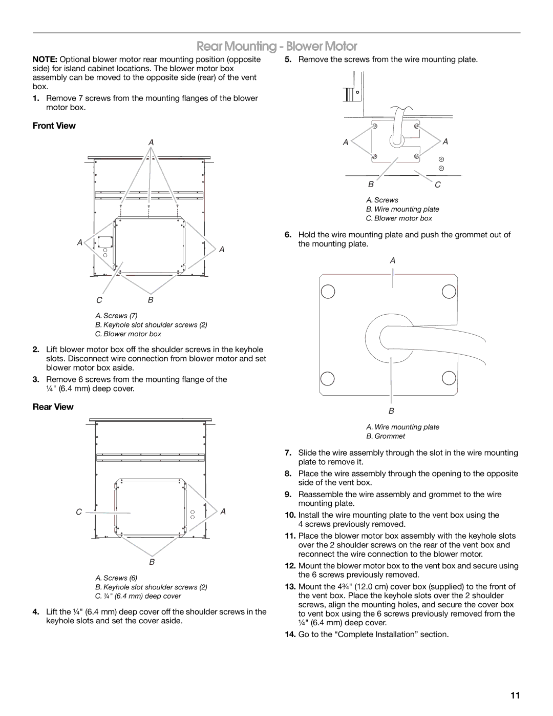 Jenn-Air LI3ZVB/W10342490D installation instructions Rear Mounting Blower Motor, Front View, Rear View 