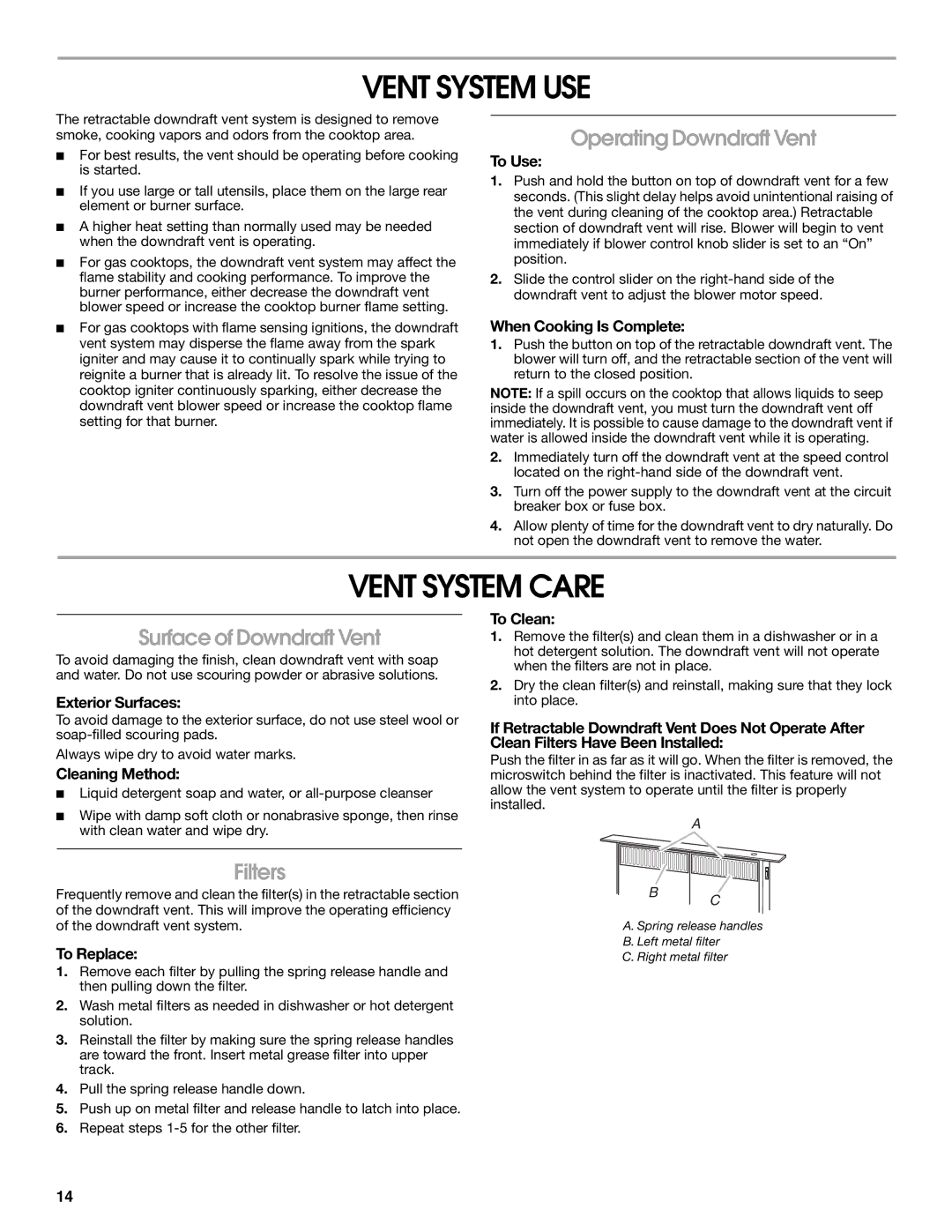 Jenn-Air W10342490D Vent System USE, Vent System Care, Operating Downdraft Vent, Surface of Downdraft Vent, Filters 