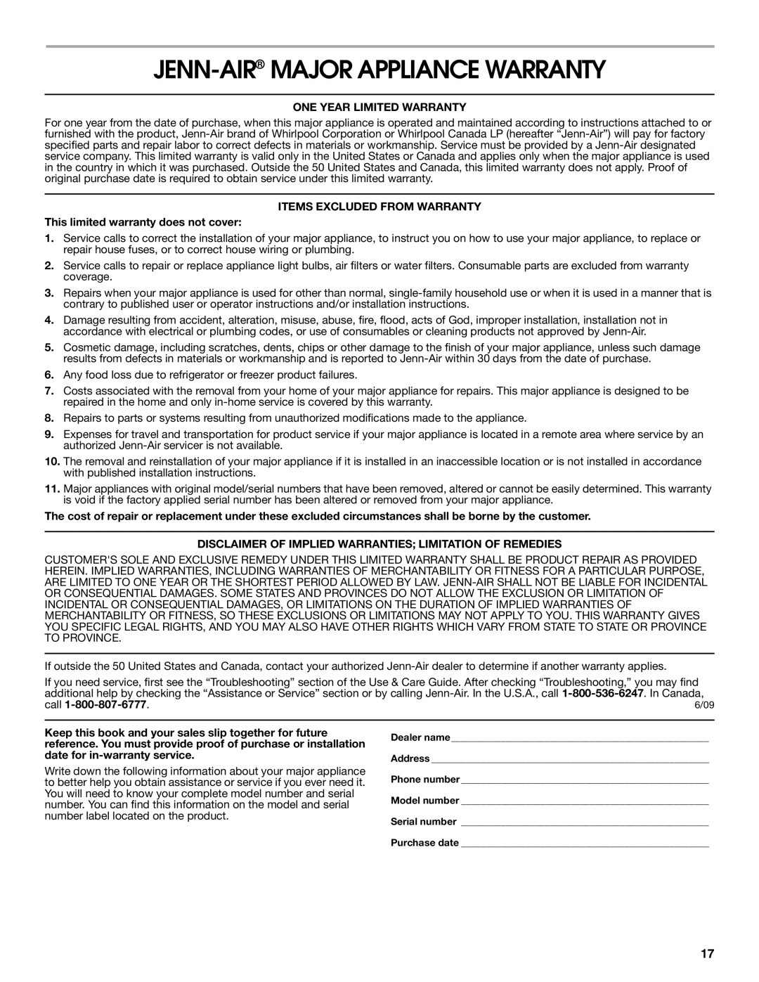 Jenn-Air LI3ZVB/W10342490D installation instructions JENN-AIRMAJOR Appliance Warranty, This limited warranty does not cover 