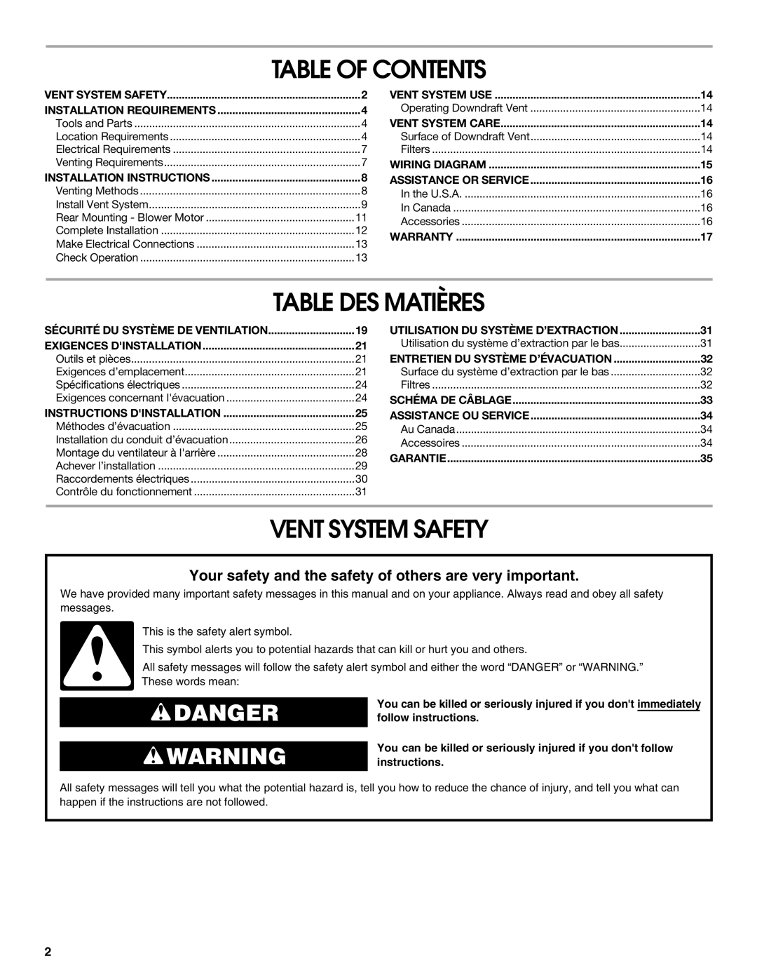 Jenn-Air LI3ZVB/W10342490D installation instructions Table of Contents, Table DES Matières, Vent System Safety 