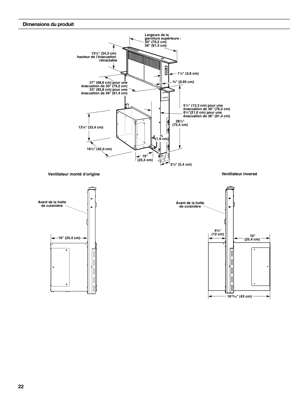 Jenn-Air LI3ZVB/W10342490D installation instructions Dimensions du produit, Ventilateur monté dorigine 