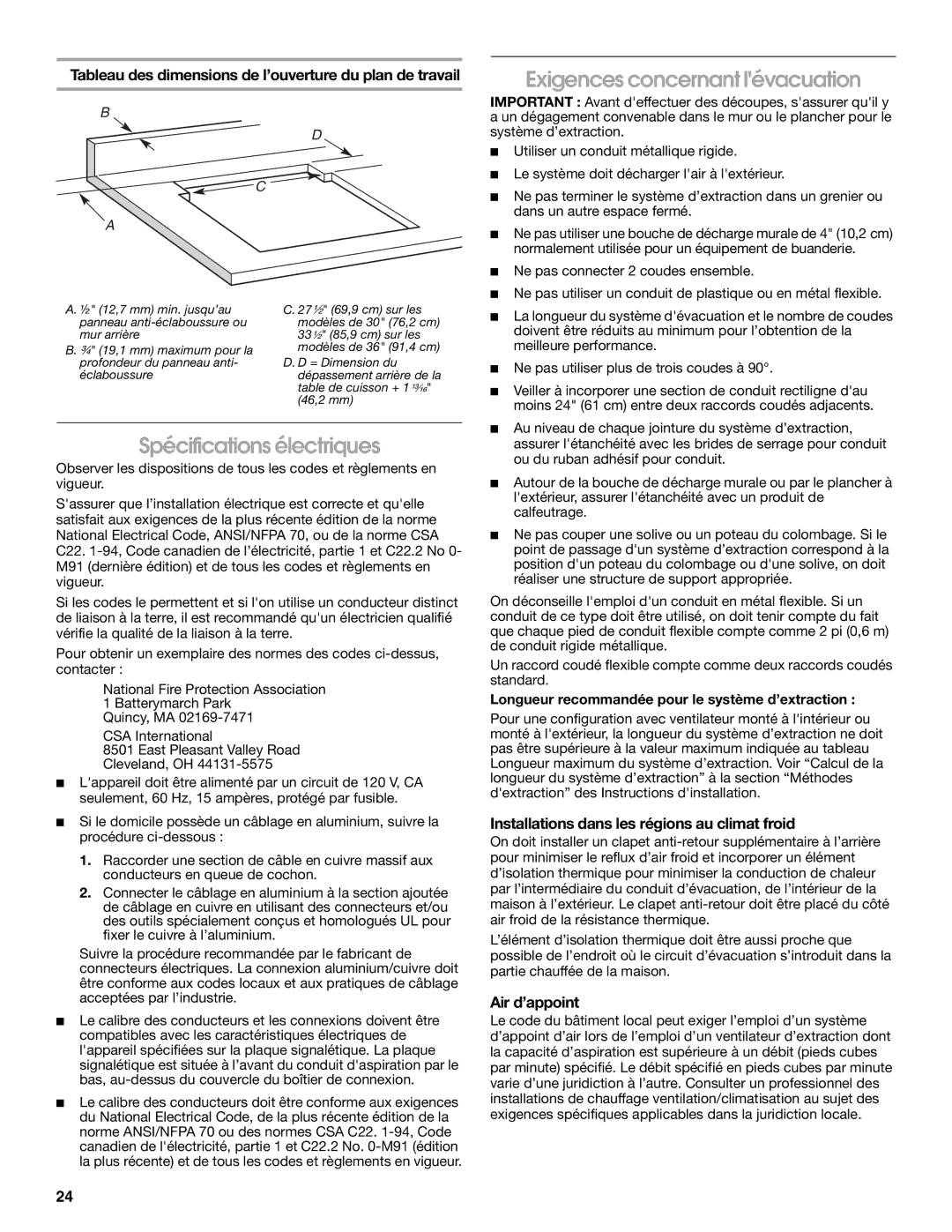 Jenn-Air LI3ZVB/W10342490D Spécifications électriques, Exigences concernant lévacuation, Air d’appoint 