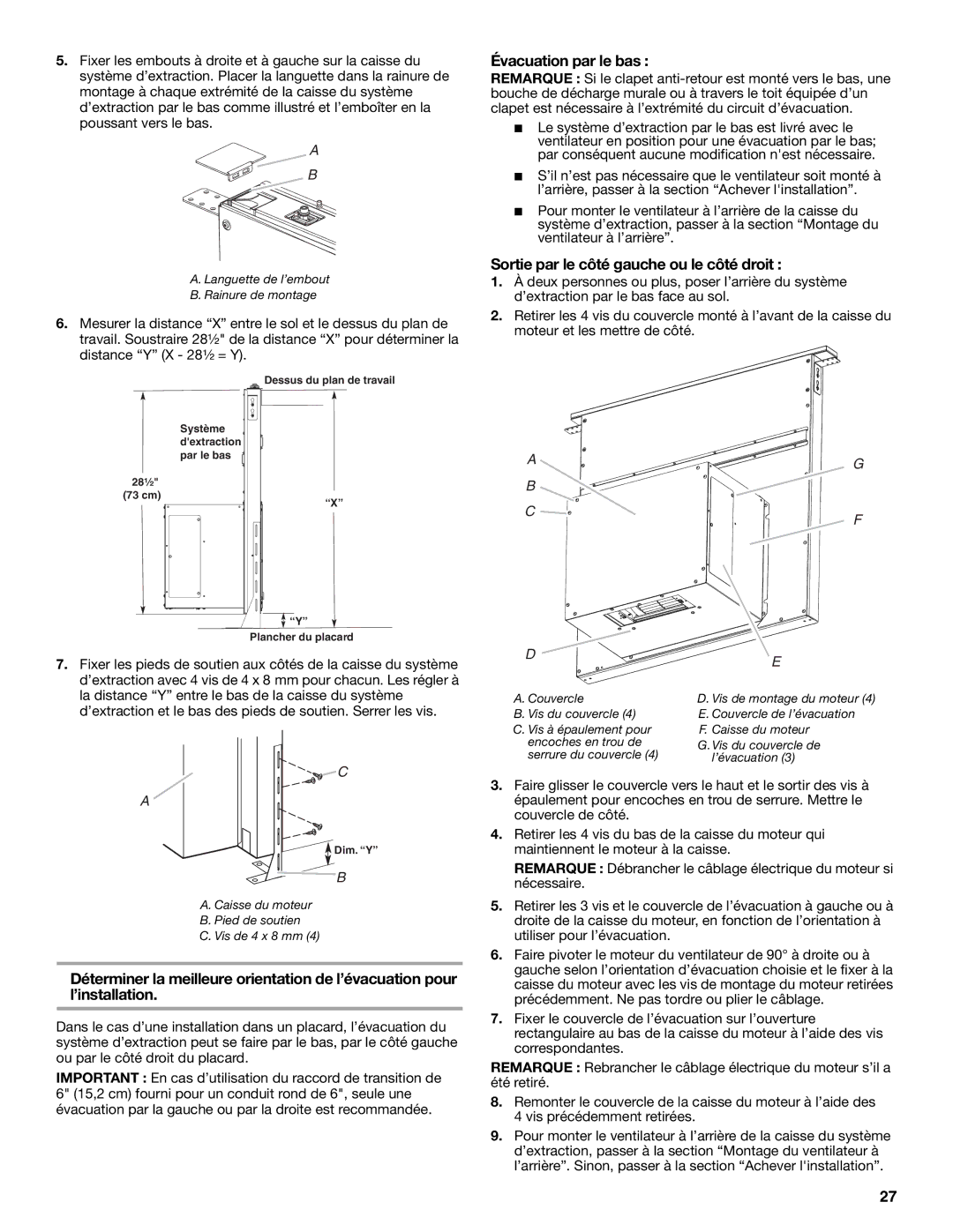 Jenn-Air LI3ZVB/W10342490D installation instructions Évacuation par le bas, Sortie par le côté gauche ou le côté droit 