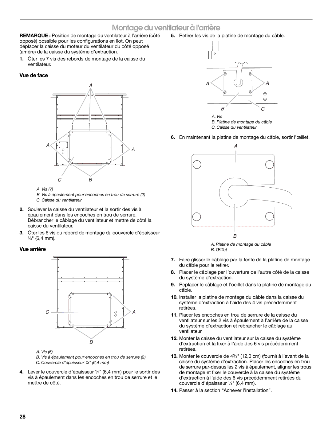 Jenn-Air LI3ZVB/W10342490D installation instructions Montage du ventilateur à larrière, Vue de face, Vue arrière 