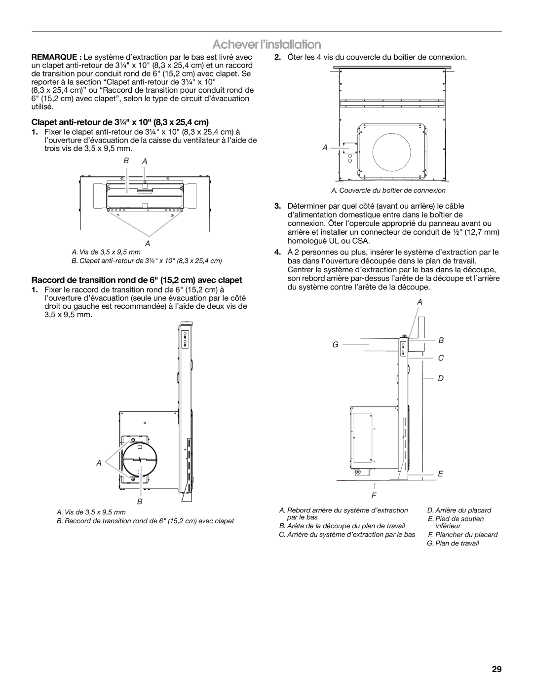 Jenn-Air LI3ZVB/W10342490D installation instructions Achever l’installation, Clapet anti-retour de 3¹⁄₄ x 10 8,3 x 25,4 cm 