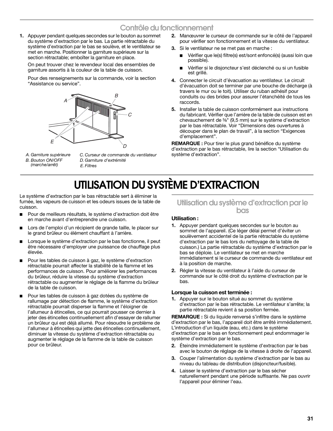 Jenn-Air LI3ZVB/W10342490D installation instructions Utilisation DU Système D’EXTRACTION, Contrôle du fonctionnement 