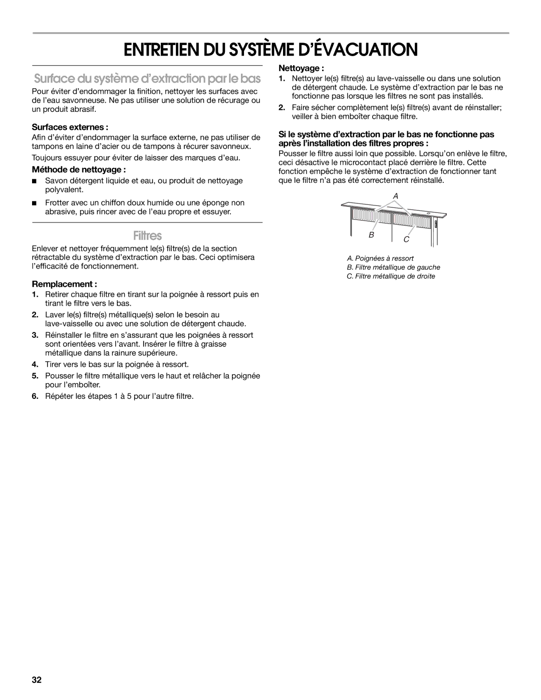 Jenn-Air W10342490D Entretien DU Système D’ÉVACUATION, Surface du système d’extraction par le bas, Filtres 