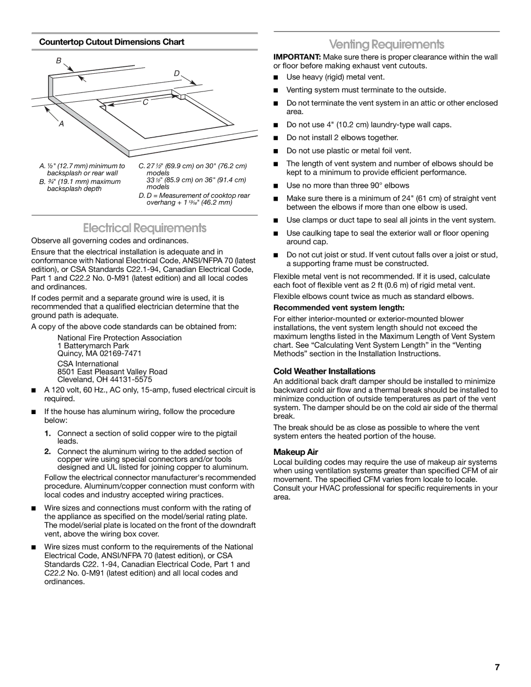 Jenn-Air LI3ZVB/W10342490D Electrical Requirements, Venting Requirements, Countertop Cutout Dimensions Chart, Makeup Air 