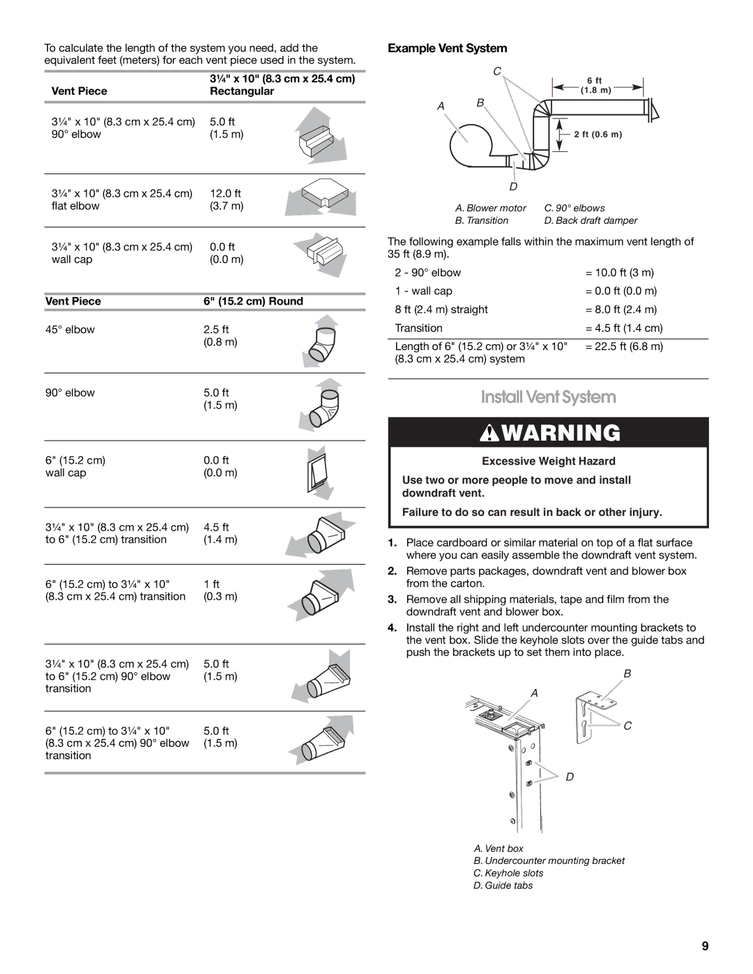 Jenn-Air LI3ZVB/W10342490D Install Vent System, Example Vent System, ¹⁄₄ x 10 8.3 cm x 25.4 cm, Vent Piece Rectangular 