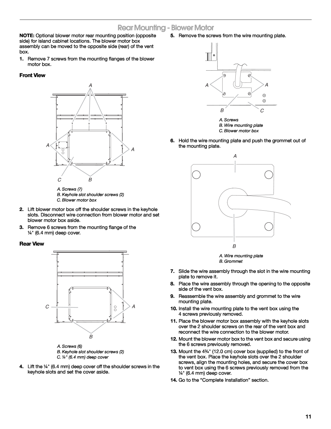 Jenn-Air LI3ZVB/W10342490D installation instructions Rear Mounting - Blower Motor, Front View, Rear View, A A Bc 