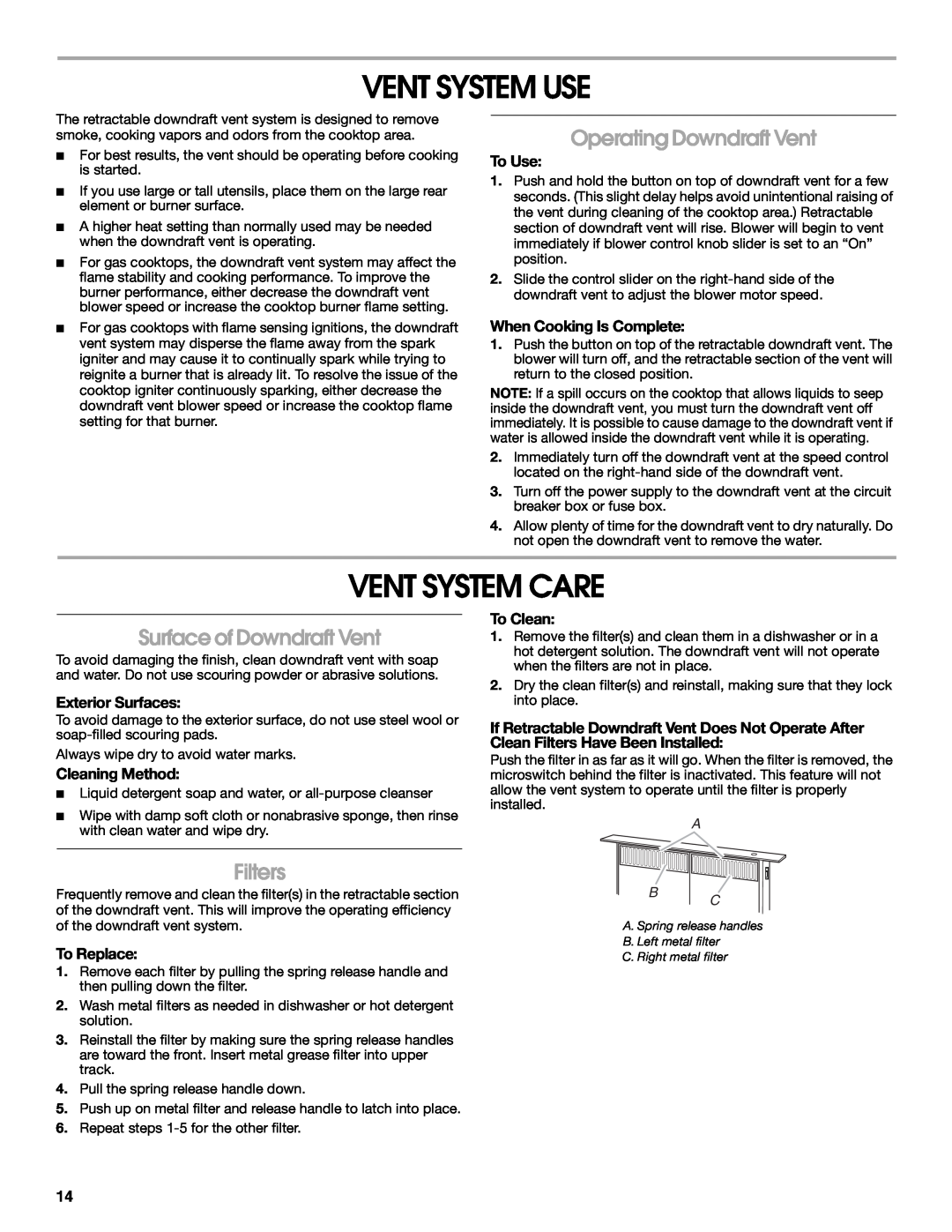 Jenn-Air W10342490D Vent System Use, Vent System Care, Operating Downdraft Vent, Surface of Downdraft Vent, Filters 