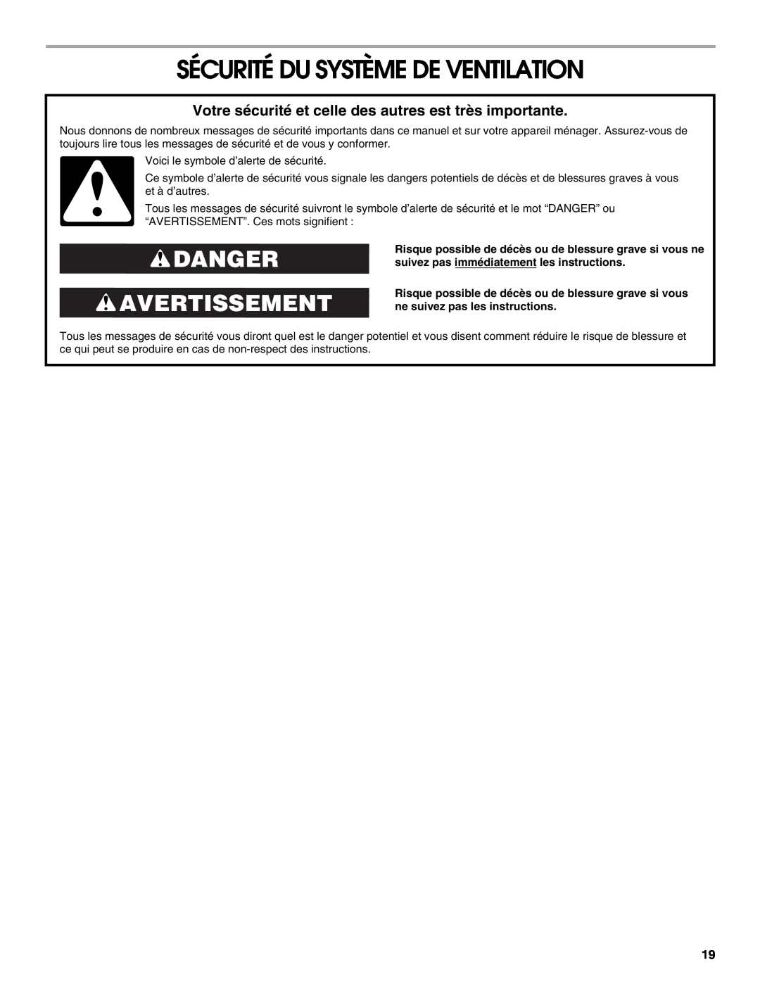 Jenn-Air LI3ZVB/W10342490D installation instructions Sécurité Du Système De Ventilation, Danger Avertissement 