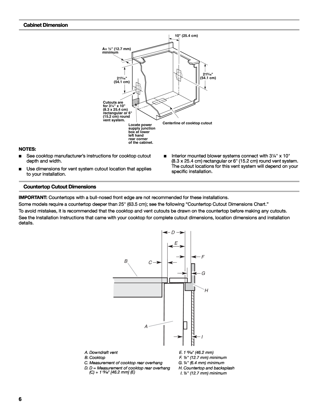 Jenn-Air LI3ZVB/W10342490D installation instructions Cabinet Dimension, Countertop Cutout Dimensions, D E F B C G H A I 