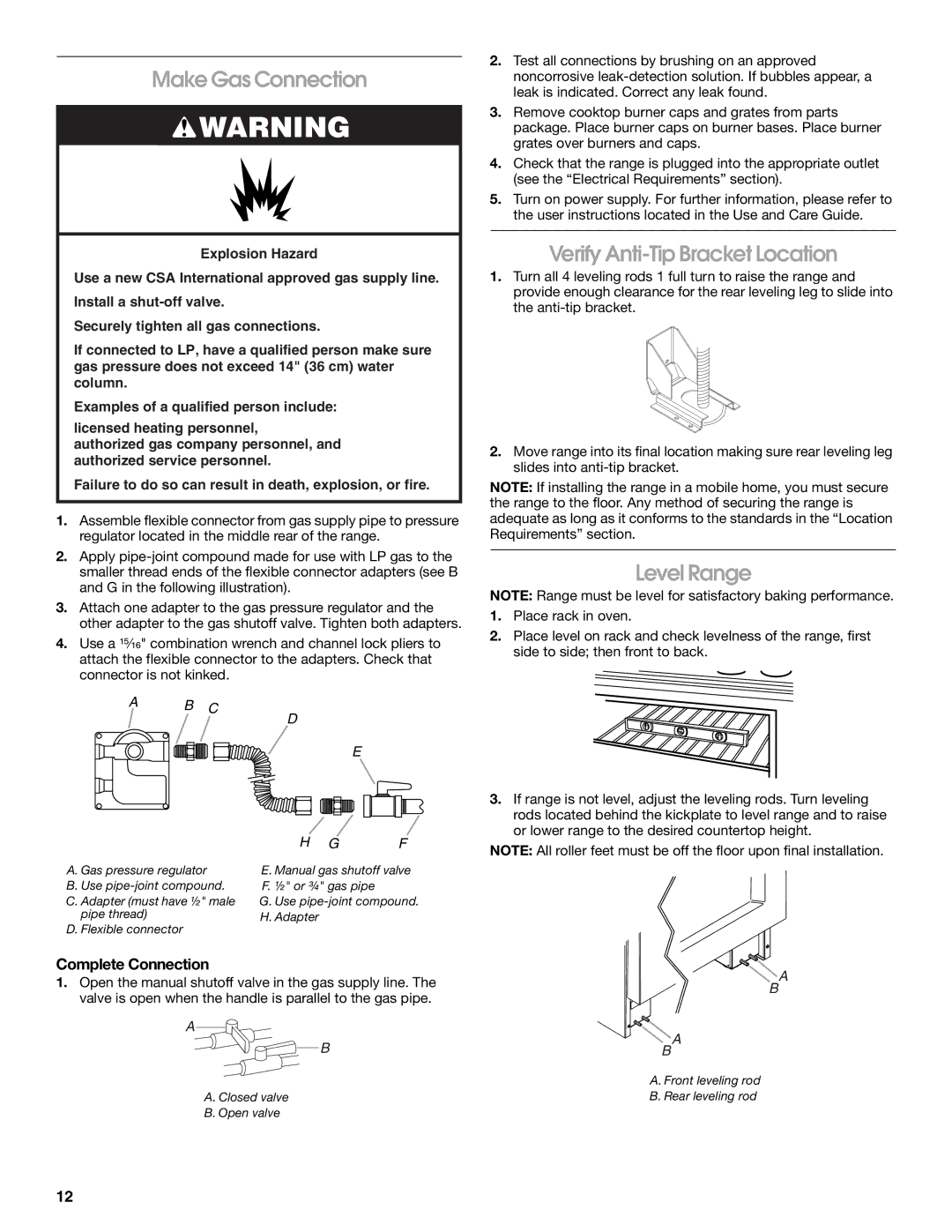 Jenn-Air W10349768A Make Gas Connection, Verify Anti-Tip Bracket Location, Level Range, Complete Connection 