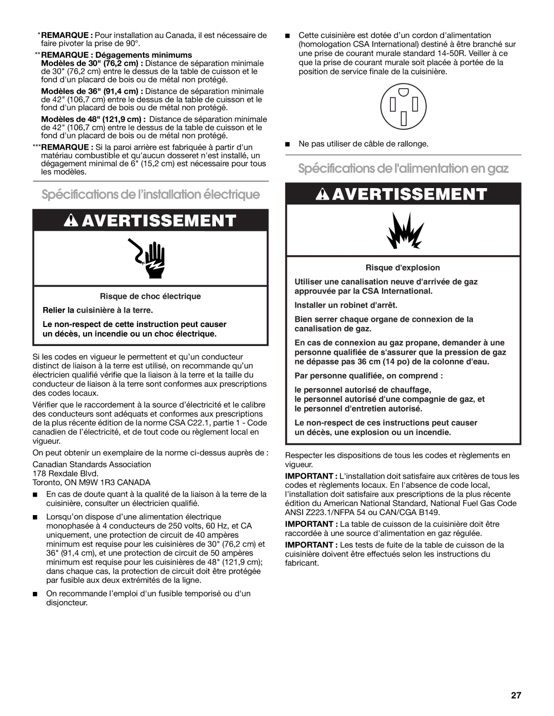 Jenn-Air W10349768A Spécifications de l’installation électrique, Spécifications de lalimentation en gaz 