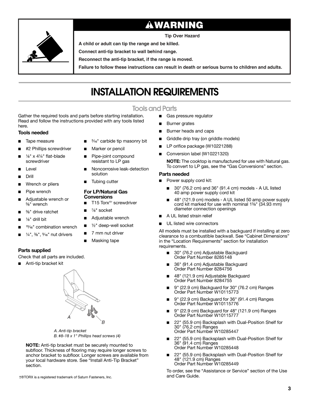 Jenn-Air W10349768A installation instructions Installation Requirements, Tools and Parts 