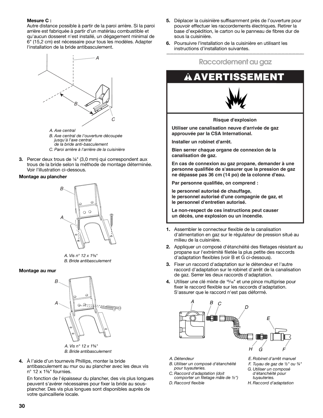 Jenn-Air W10349768A installation instructions Raccordement au gaz, Mesure C, Montage au plancher, Montage au mur 