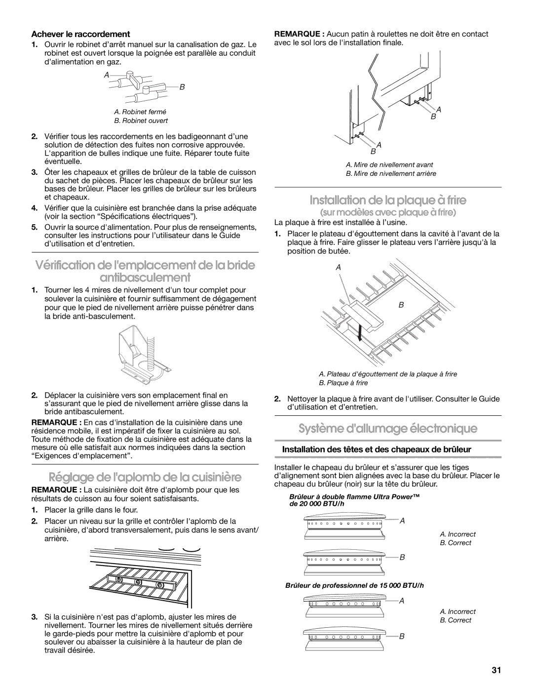 Jenn-Air W10349768A Vérification de lemplacement de la bride Antibasculement, Réglage de laplomb de la cuisinière 