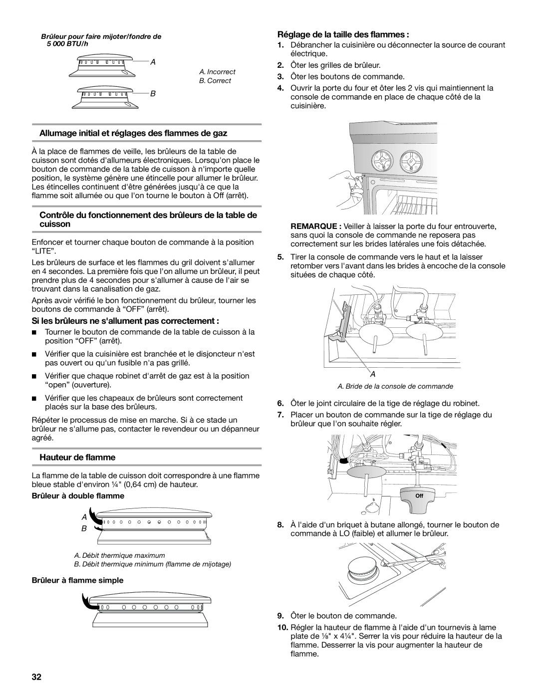 Jenn-Air W10349768A Réglage de la taille des flammes, Allumage initial et réglages des flammes de gaz, Hauteur de flamme 