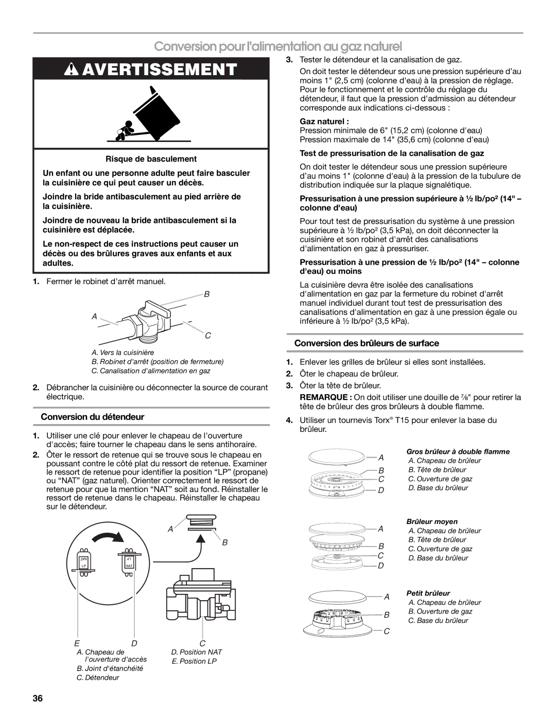 Jenn-Air W10349768A installation instructions Conversion pour lalimentation au gaz naturel, Gaz naturel 