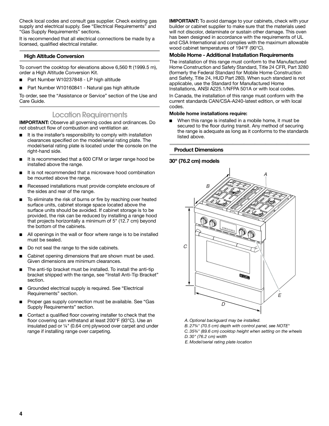 Jenn-Air W10349768A Location Requirements, High Altitude Conversion, Mobile Home Additional Installation Requirements 