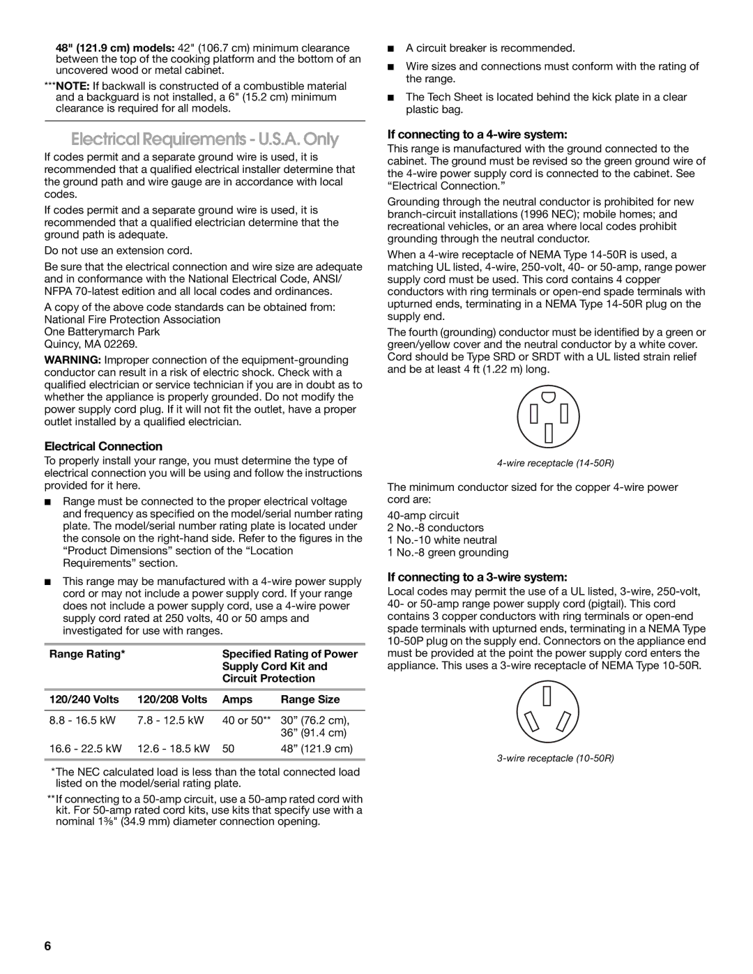 Jenn-Air W10349768A Electrical Requirements U.S.A. Only, Electrical Connection, If connecting to a 4-wire system 