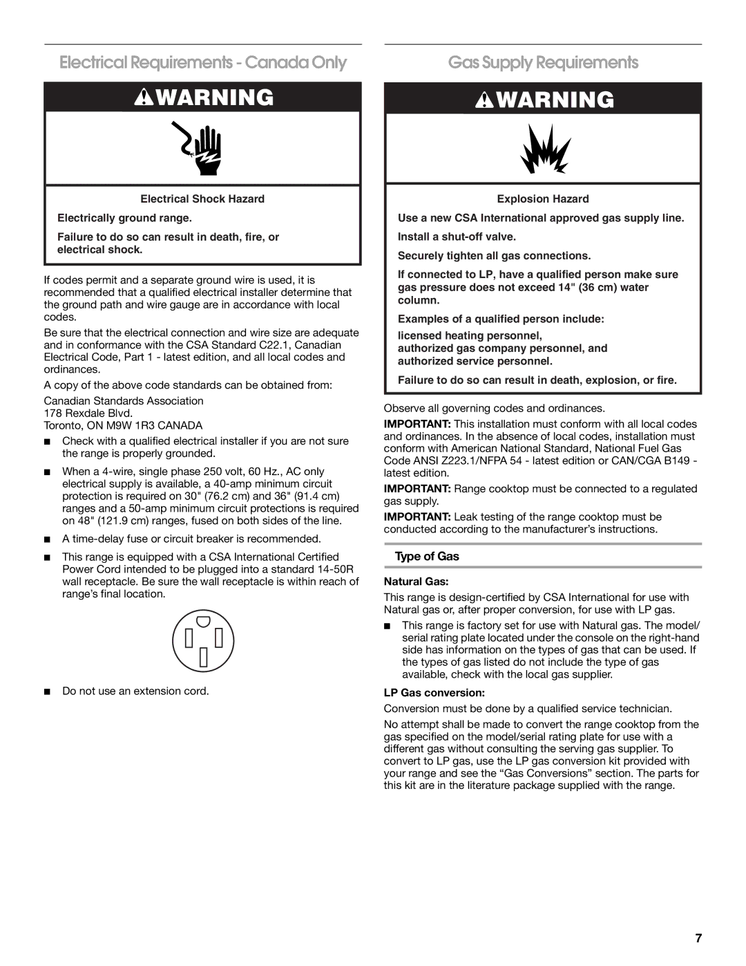 Jenn-Air W10349768A Electrical Requirements Canada Only, Gas Supply Requirements, Type of Gas, Natural Gas 