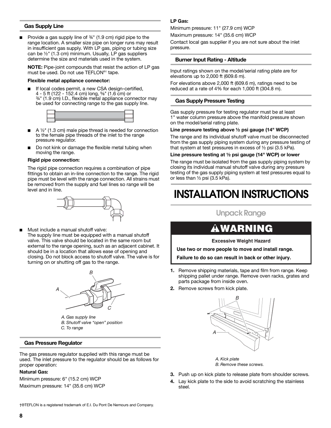 Jenn-Air W10349768A Unpack Range, Gas Supply Line, Gas Pressure Regulator, Burner Input Rating Altitude 