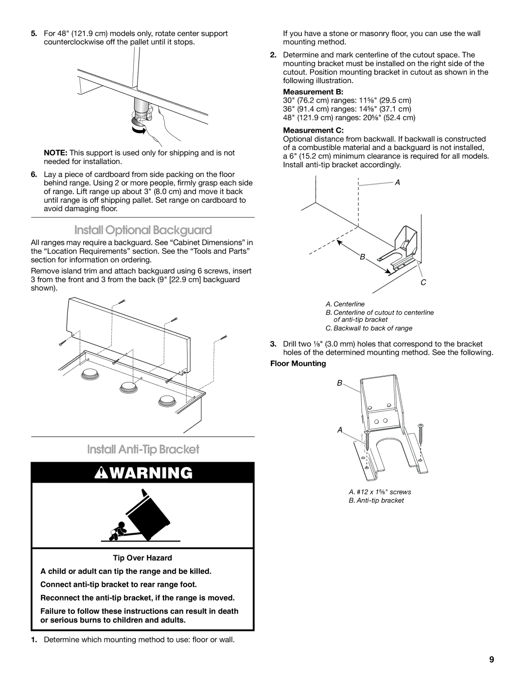 Jenn-Air W10349768A Install Optional Backguard, Install Anti-Tip Bracket, Measurement B, Measurement C, Floor Mounting 