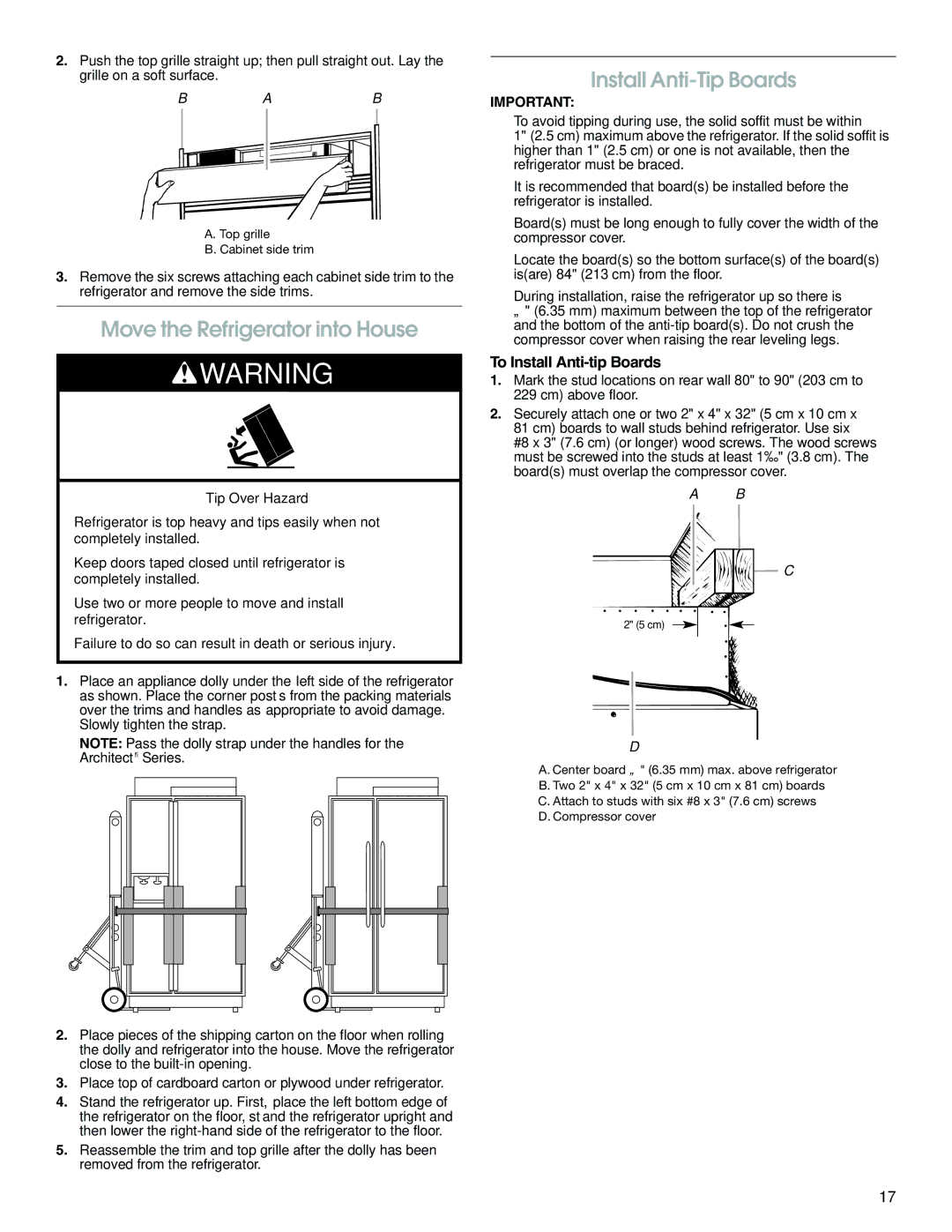 Jenn-Air W10379134A manual Move the Refrigerator into House, Install Anti-Tip Boards, To Install Anti-tip Boards 