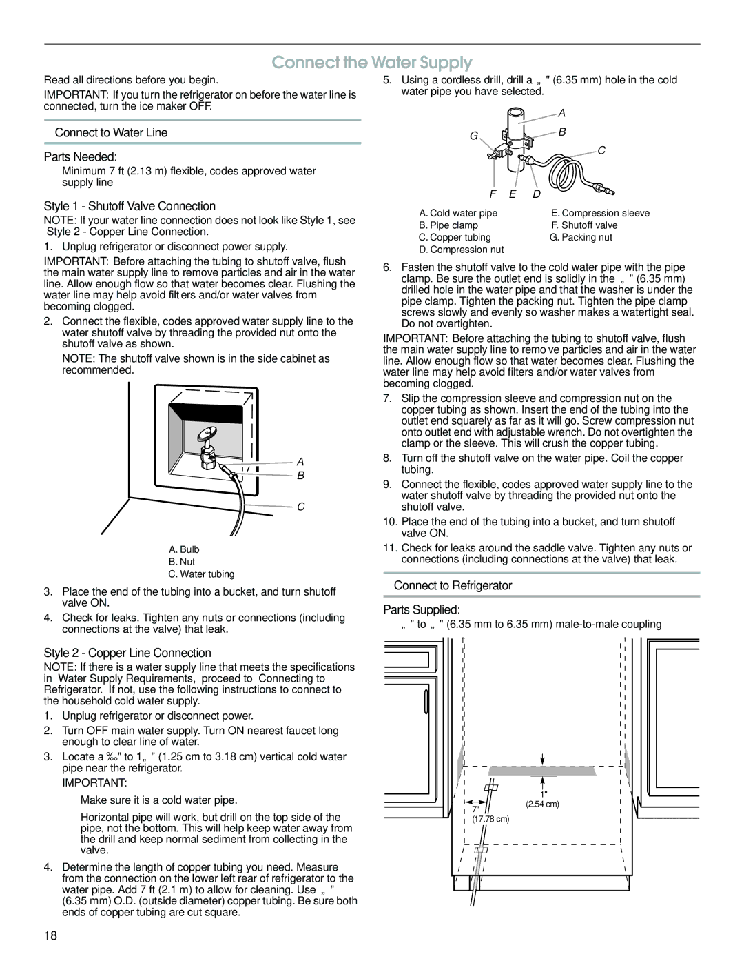 Jenn-Air W10379134A manual Connect the Water Supply, Connect to Water Line Parts Needed, Style 1 Shutoff Valve Connection 