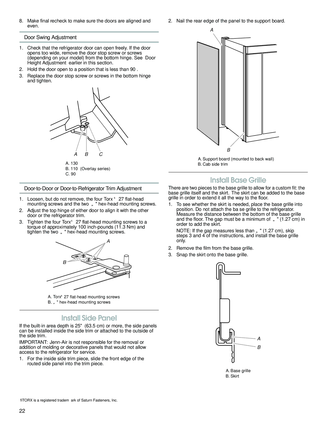 Jenn-Air W10379134A manual Install Base Grille, Install Side Panel, Door Swing Adjustment 