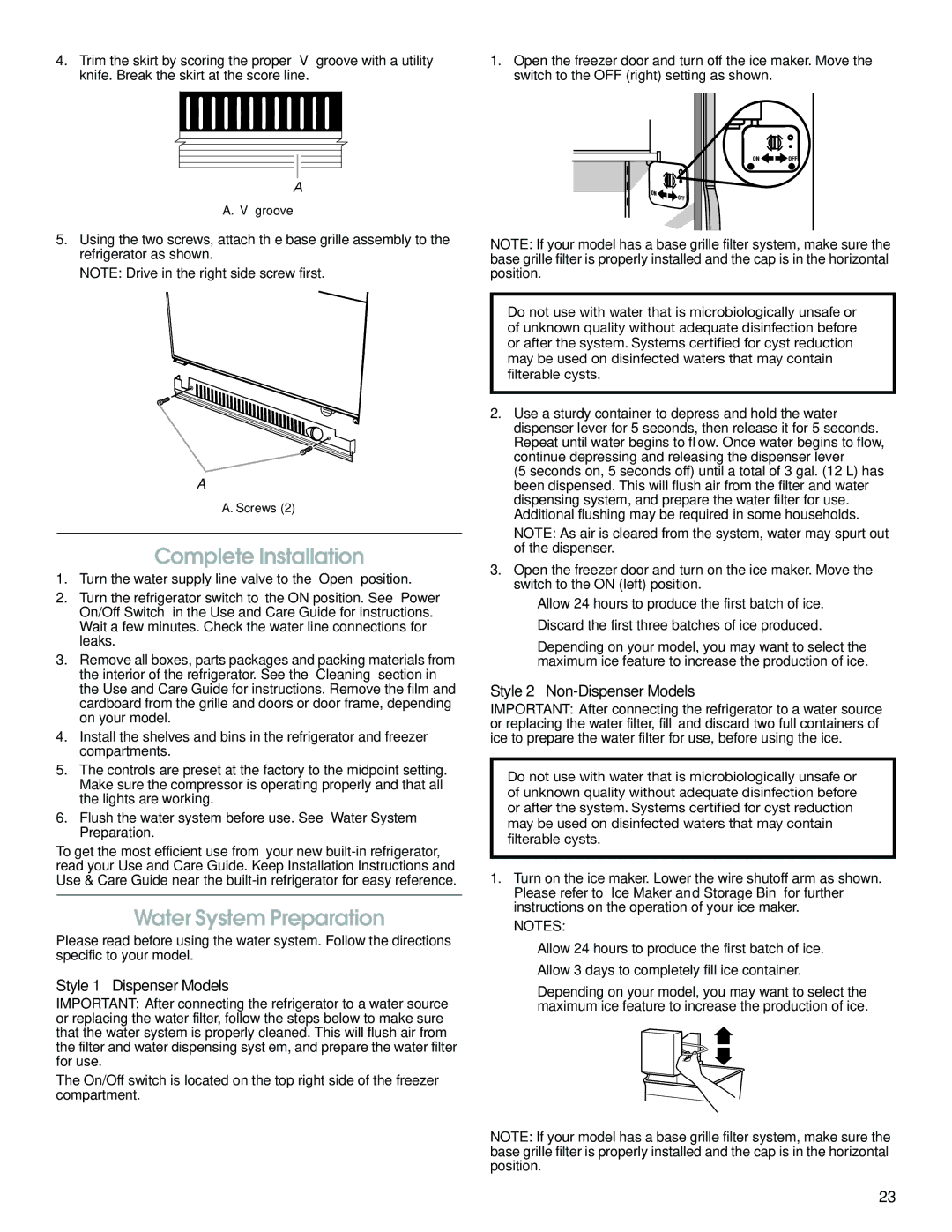 Jenn-Air W10379134A manual Complete Installation, Water System Preparation, Style 1 Dispenser Models 