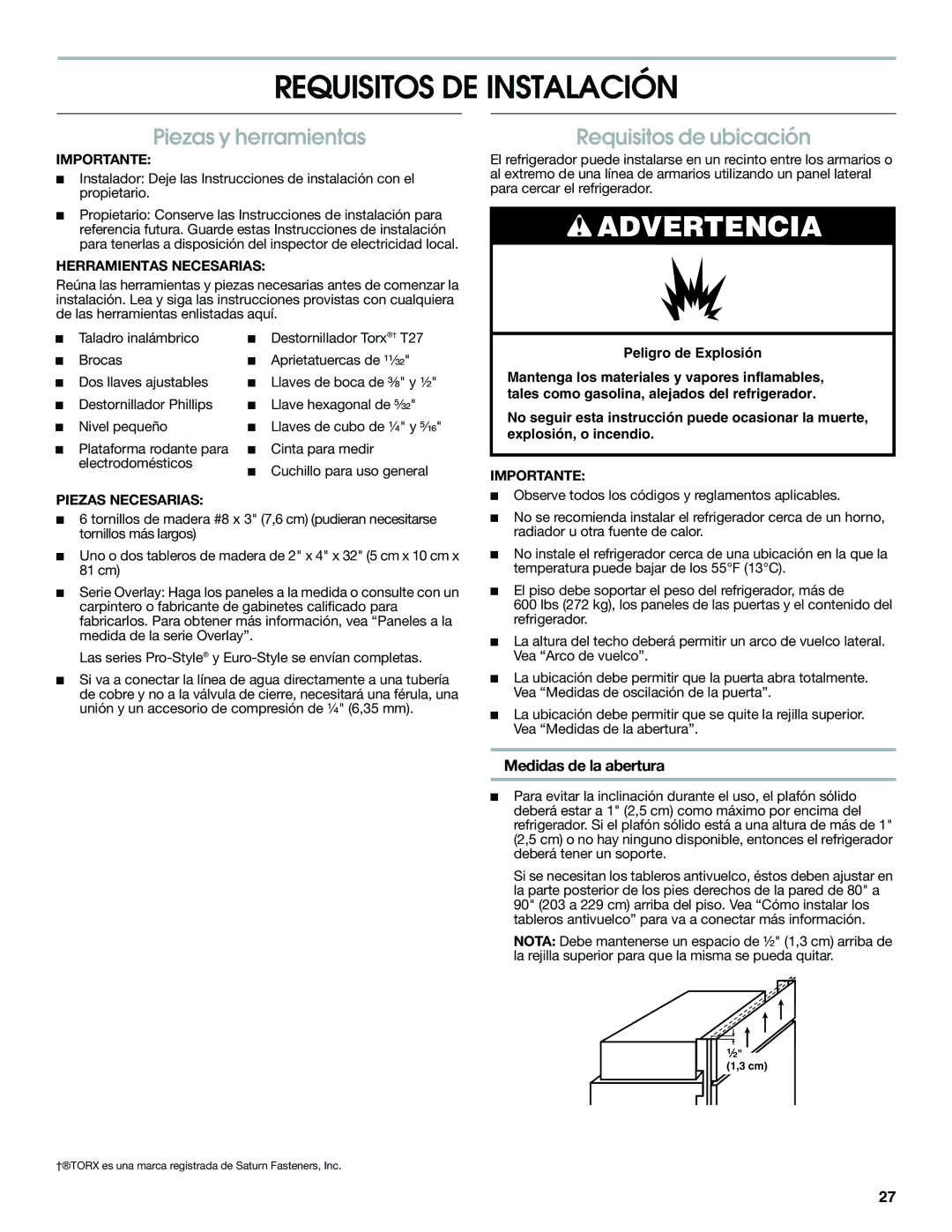 Jenn-Air W10379134A Requisitos DE Instalación, Piezas y herramientas, Requisitos de ubicación, Medidas de la abertura 