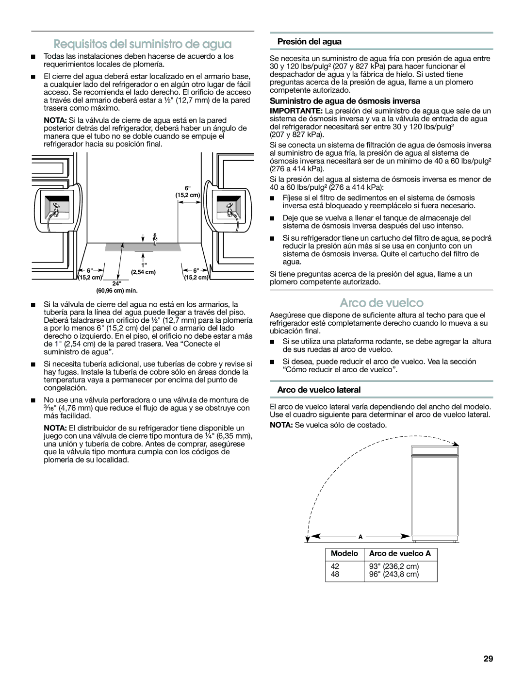 Jenn-Air W10379134A manual Requisitos del suministro de agua, Presión del agua, Arco de vuelco lateral 