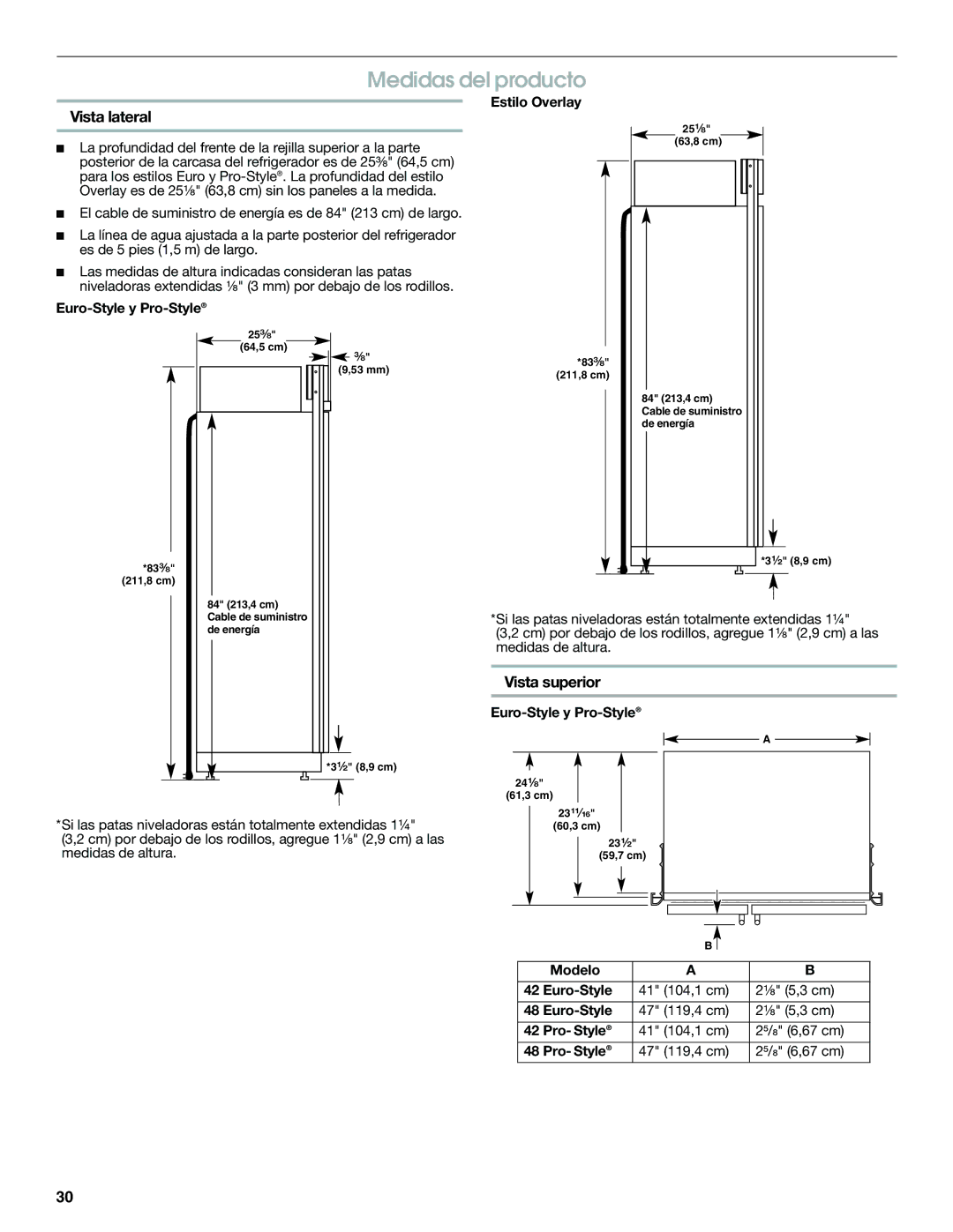 Jenn-Air W10379134A manual Medidas del producto, Vista lateral, Vista superior 