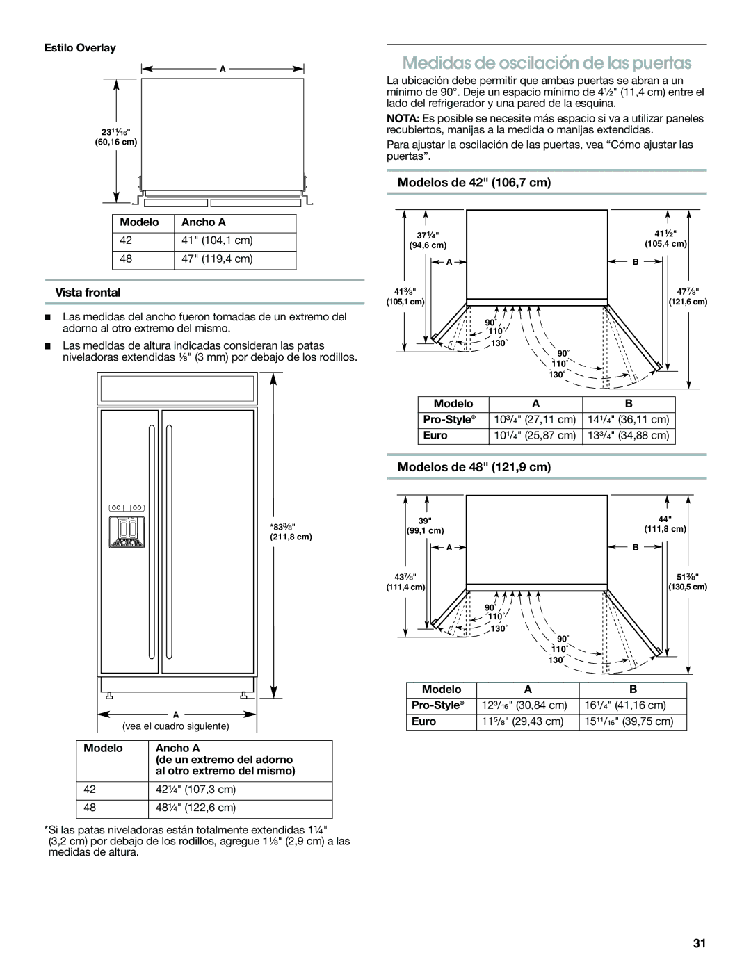 Jenn-Air W10379134A Medidas de oscilación de las puertas, Modelos de 42 106,7 cm, Vista frontal, Modelos de 48 121,9 cm 