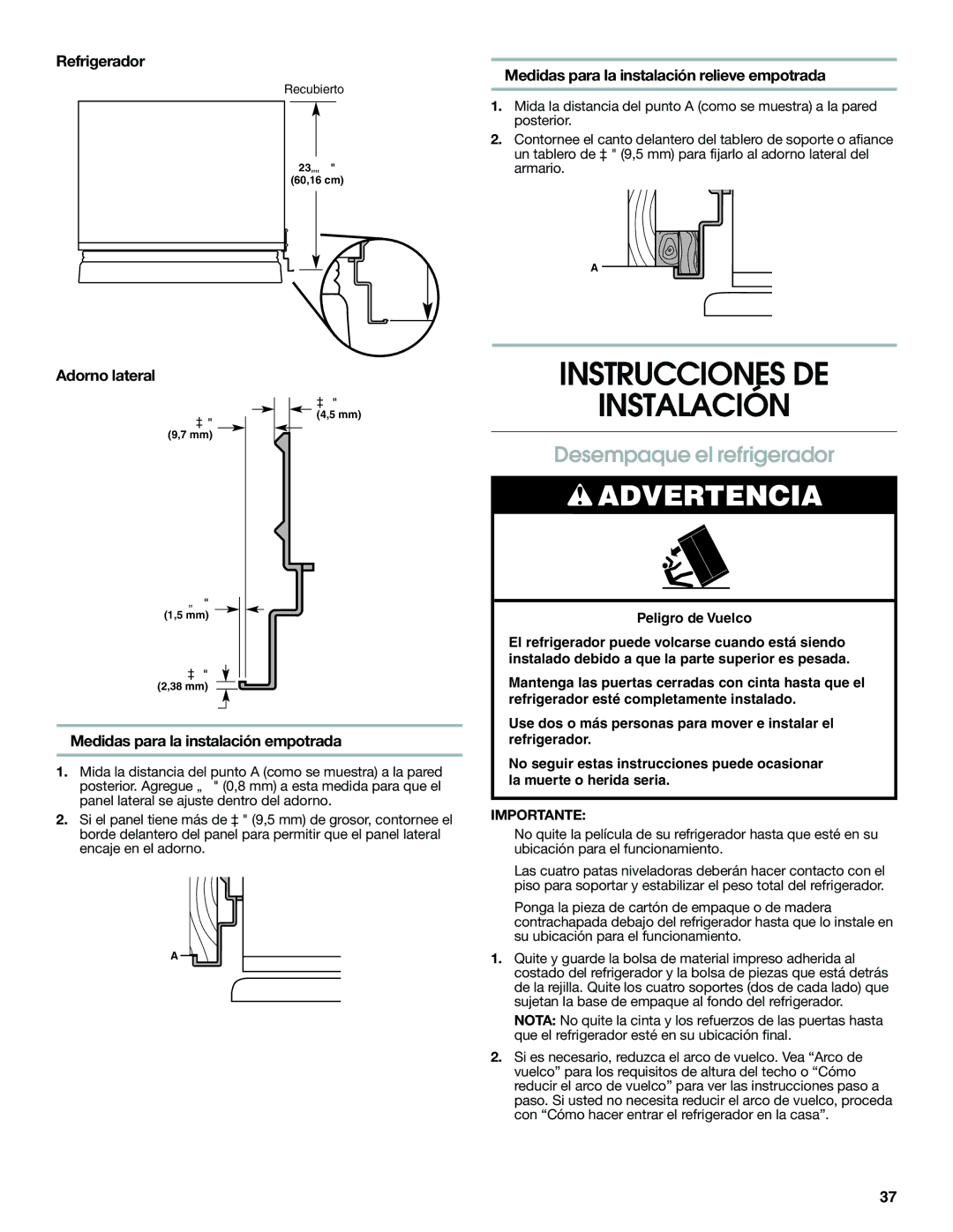 Jenn-Air W10379134A manual Instrucciones DE Instalación, Desempaque el refrigerador 