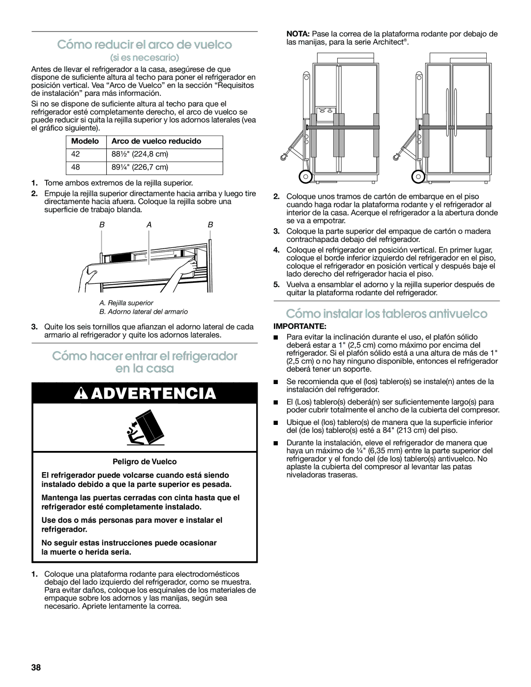 Jenn-Air W10379134A manual Cómo reducir el arco de vuelco, Cómo hacer entrar el refrigerador En la casa 