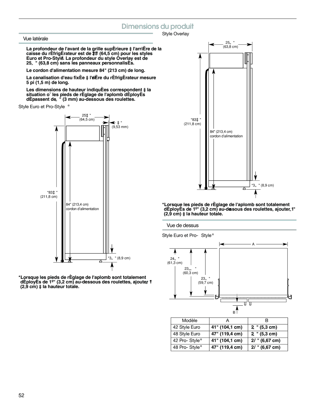 Jenn-Air W10379134A manual Dimensions du produit, Vue latérale, Vue de dessus 