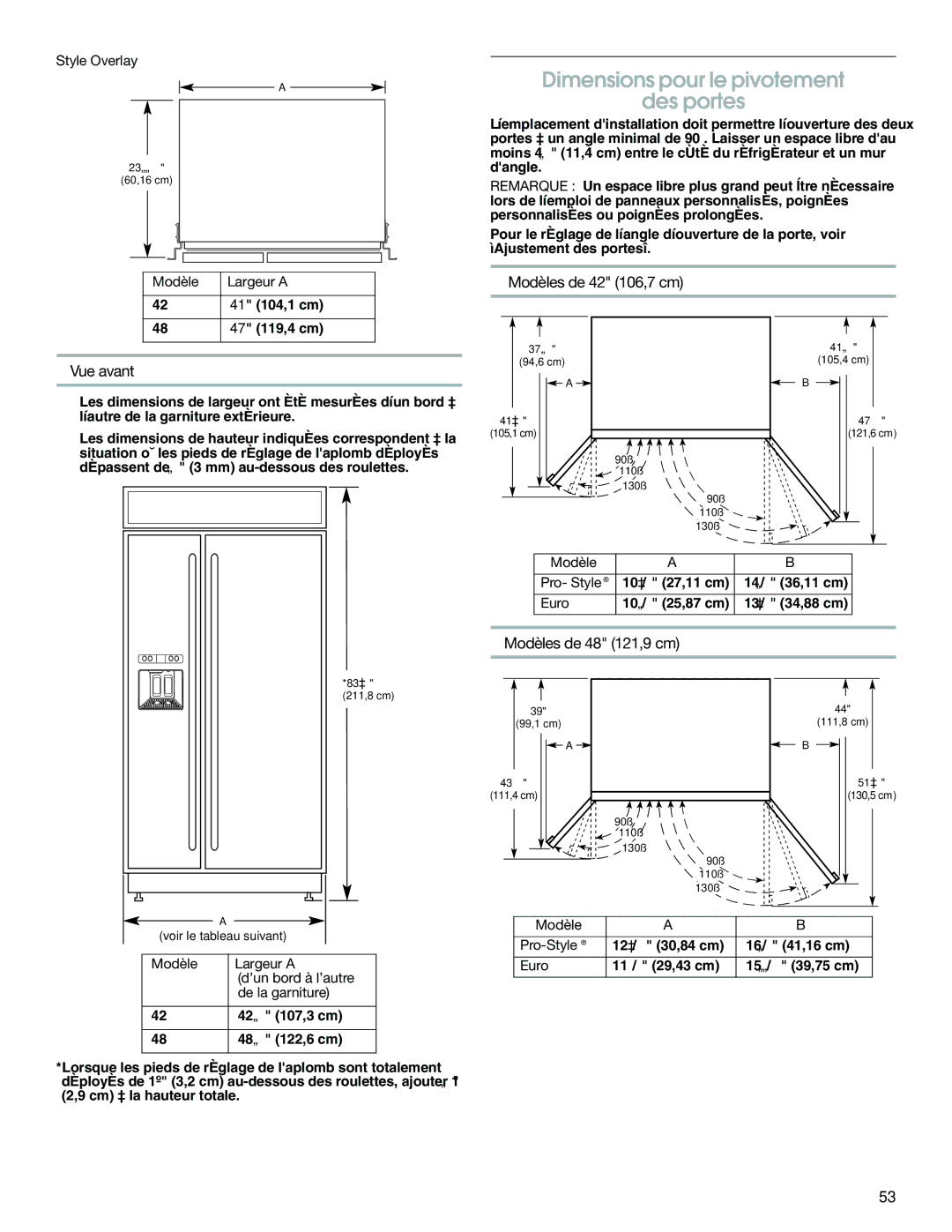 Jenn-Air W10379134A Dimensions pour le pivotement Des portes, Modèles de 42 106,7 cm Vue avant, Modèles de 48 121,9 cm 