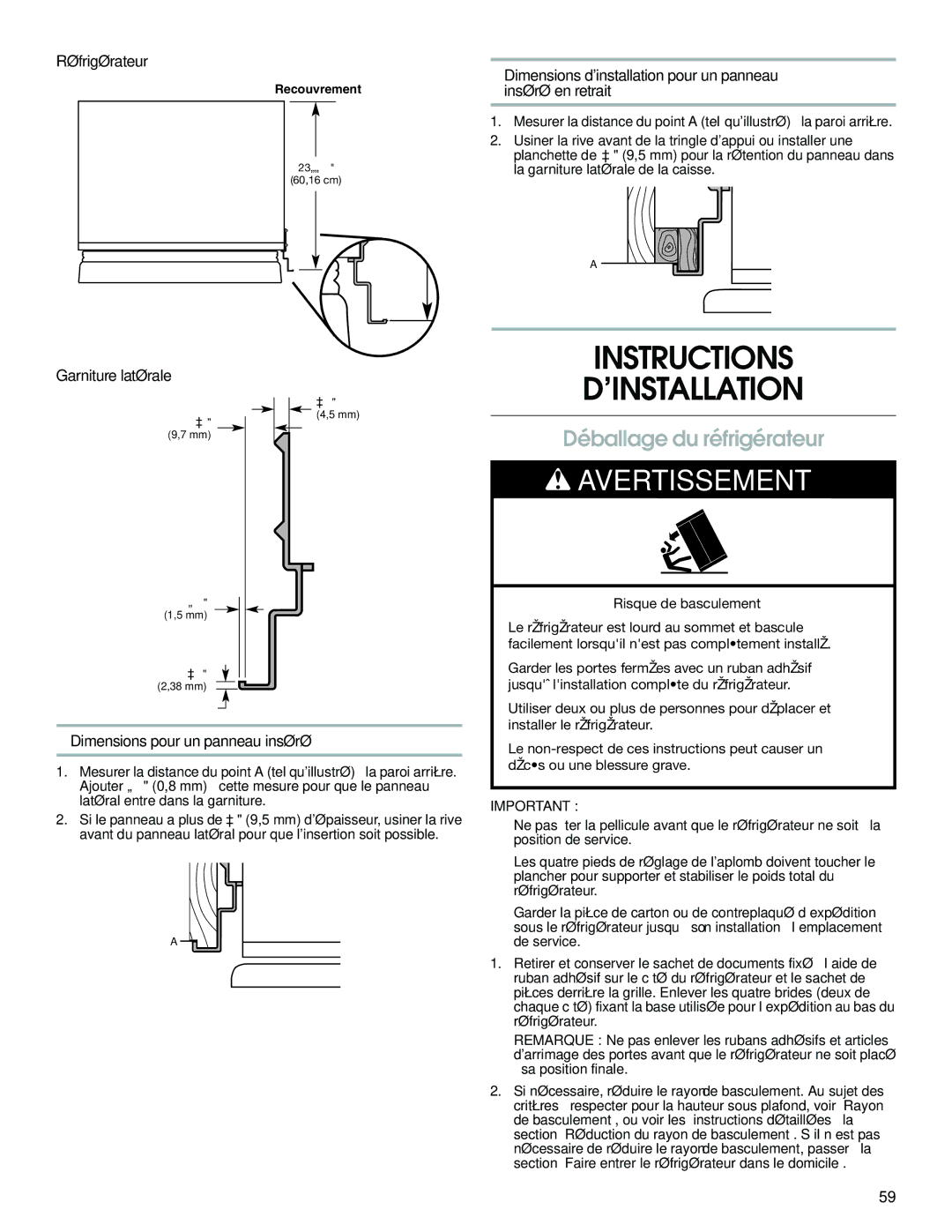 Jenn-Air W10379134A manual Instructions ’INSTALLATION, Déballage du réfrigérateur 