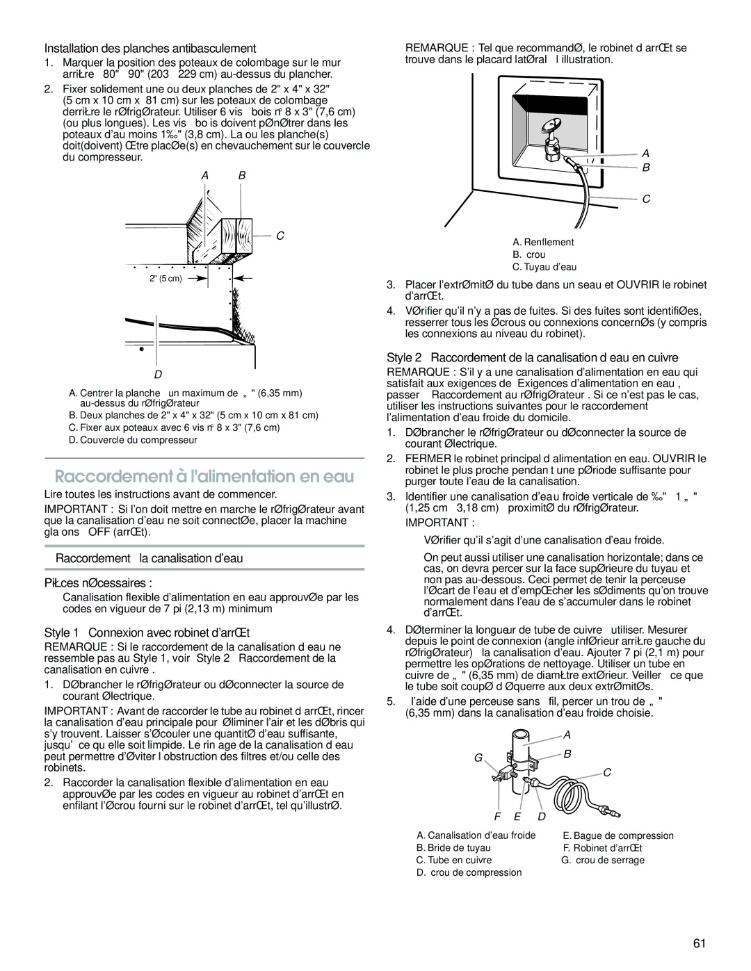 Jenn-Air W10379134A manual Raccordement à lalimentation en eau, Installation des planches antibasculement 