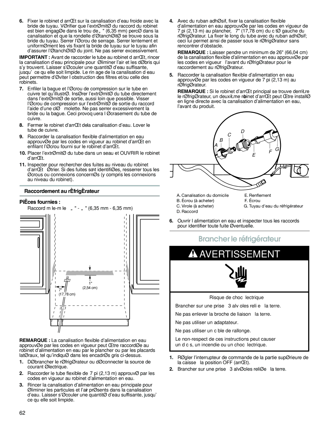 Jenn-Air W10379134A manual Brancher le réfrigérateur, Raccordement au réfrigérateur, Pièces fournies 