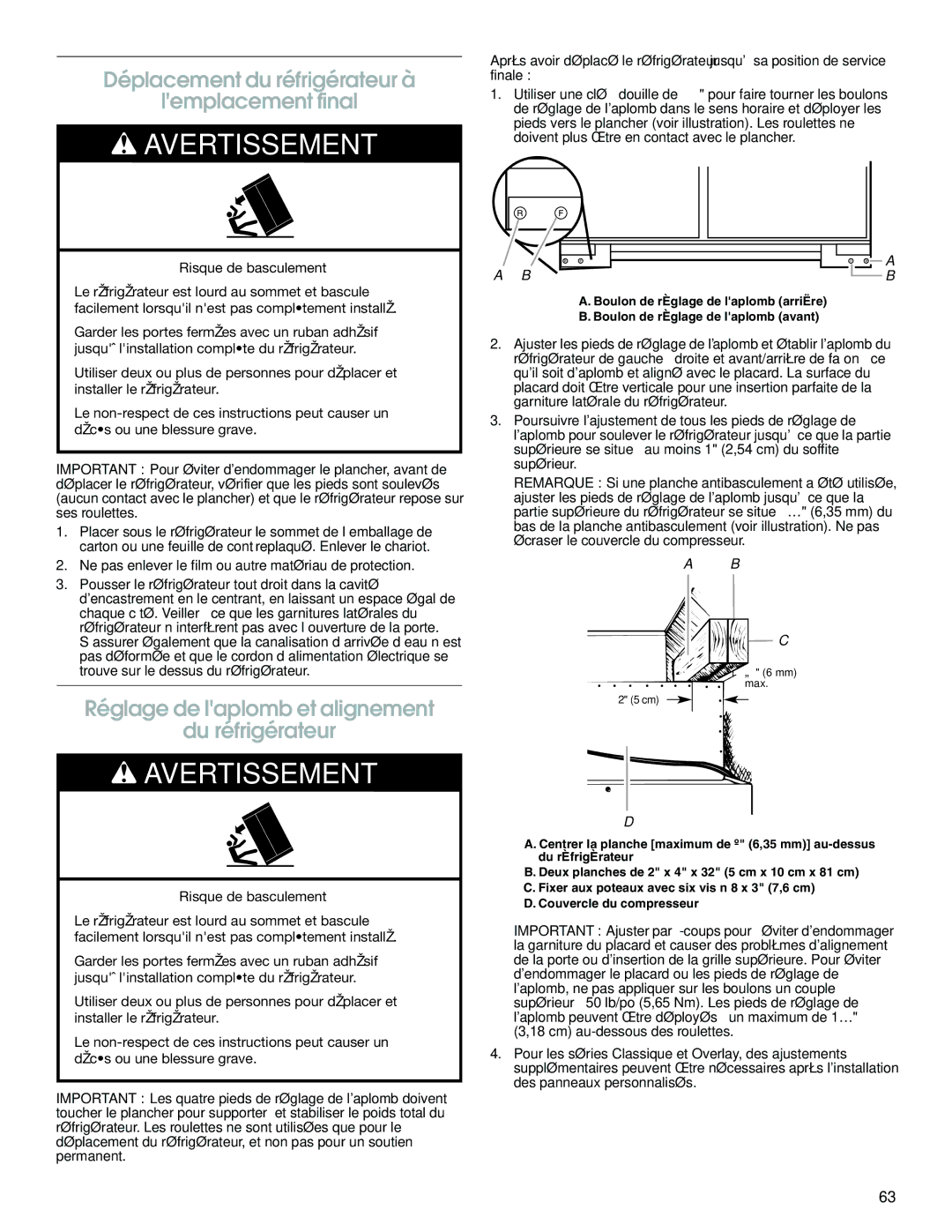 Jenn-Air W10379134A Déplacement du réfrigérateur à Lemplacement final, Réglage de laplomb et alignement Du réfrigérateur 